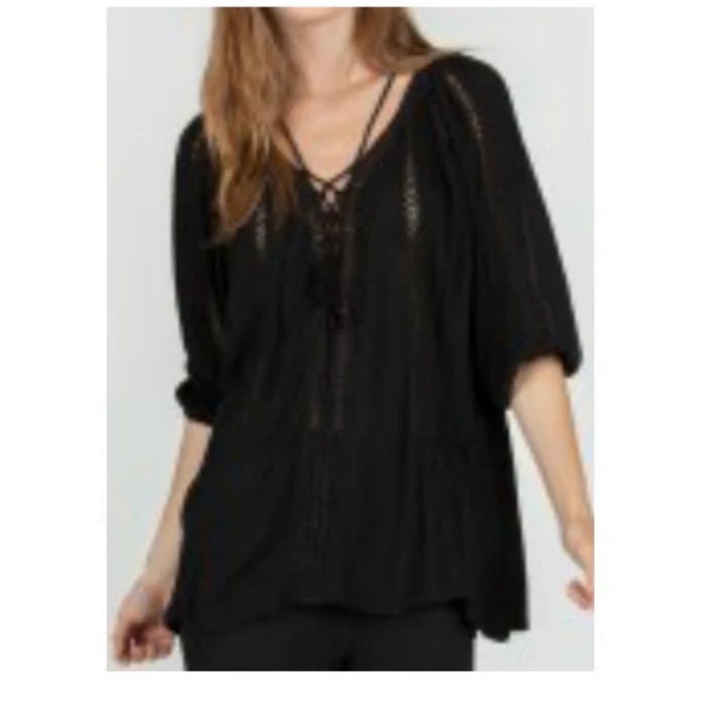 NWT Monoreno Black Petticoat 3/4 Sleeve black Lace Panel Top lace up size M